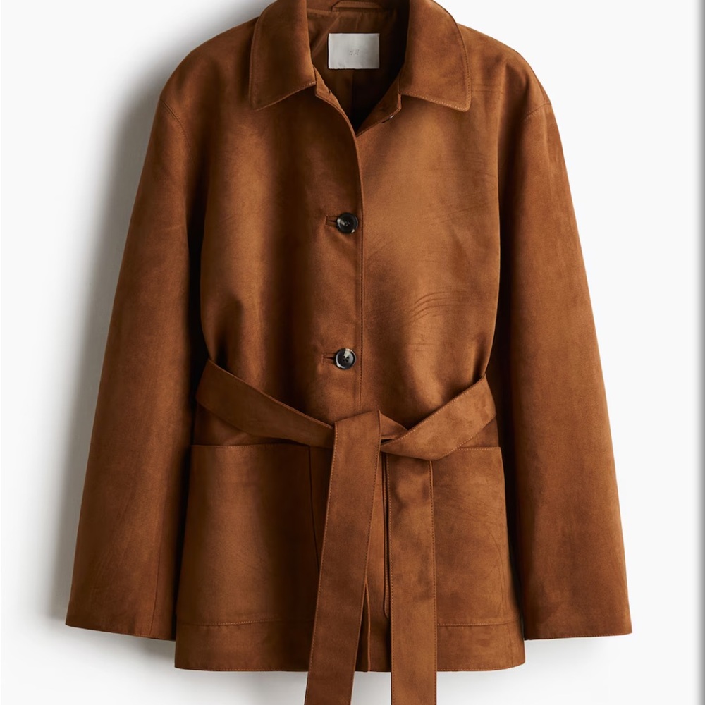 H&M Brown Tie Belt Jacket Size XS Swede like great transitional piece to fall
